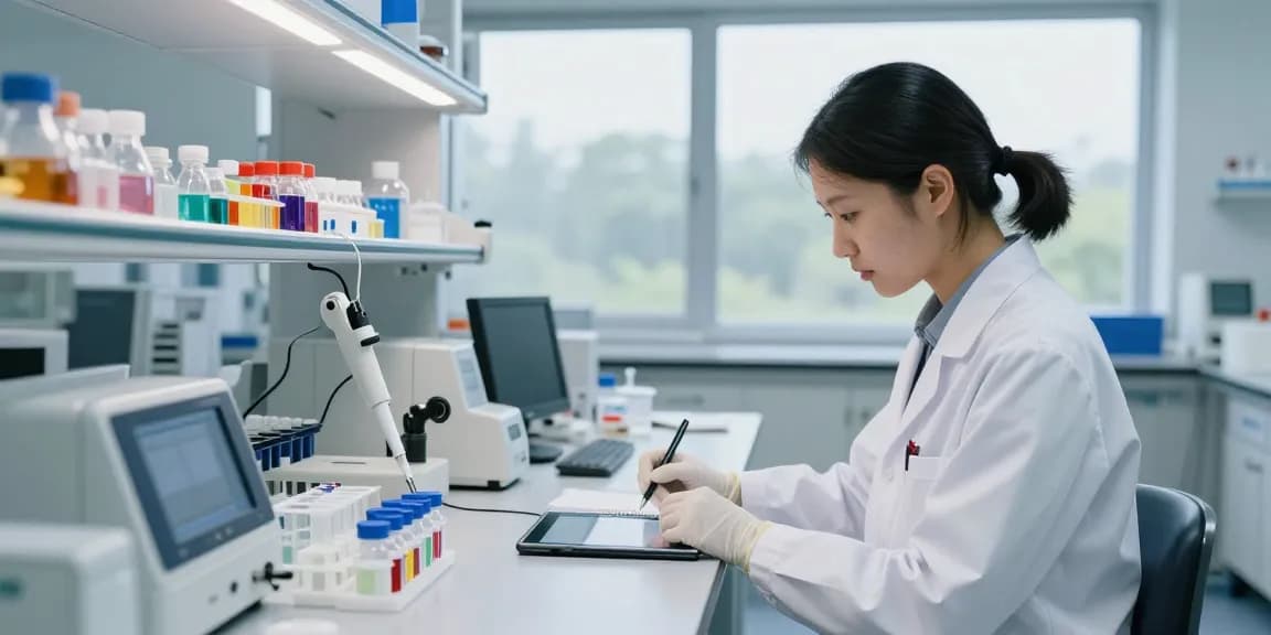 Swiss Chems scientist analyzing high-purity peptides in modern lab.