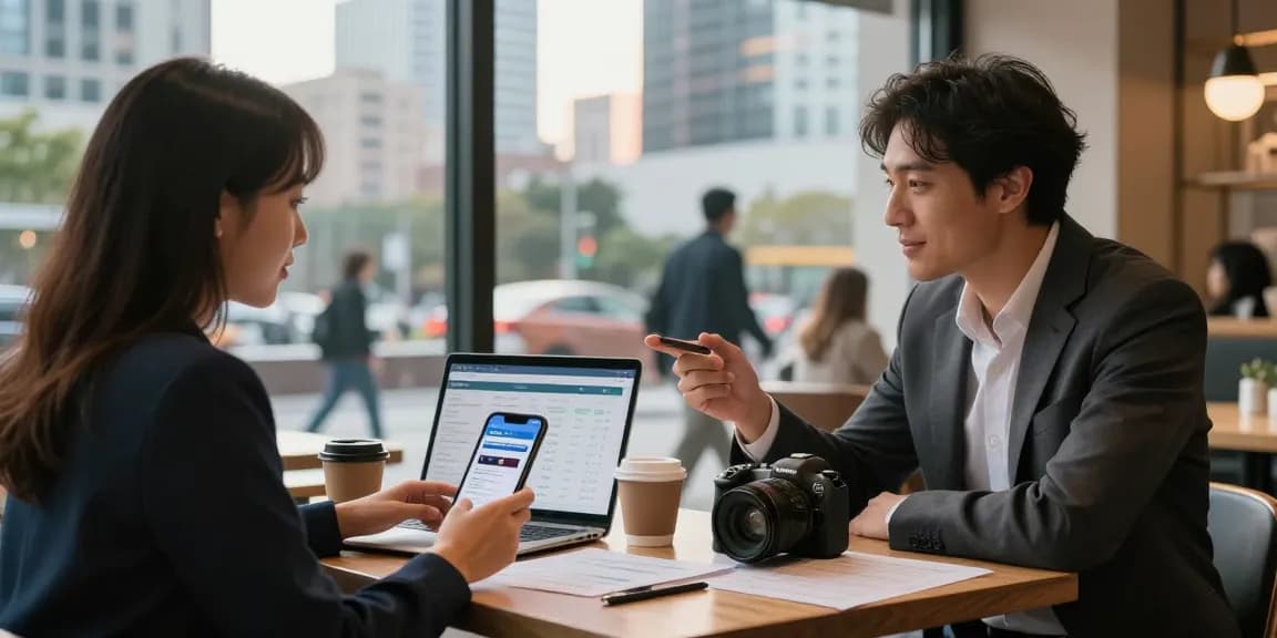Professional couple discussing 신용카드현금화 at a café table, analyzing financial strategies.