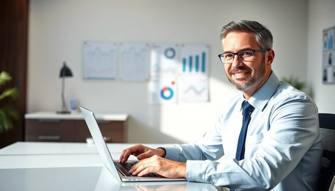 Dental business consultant analyzing data with a modern office background, showcasing expertise.