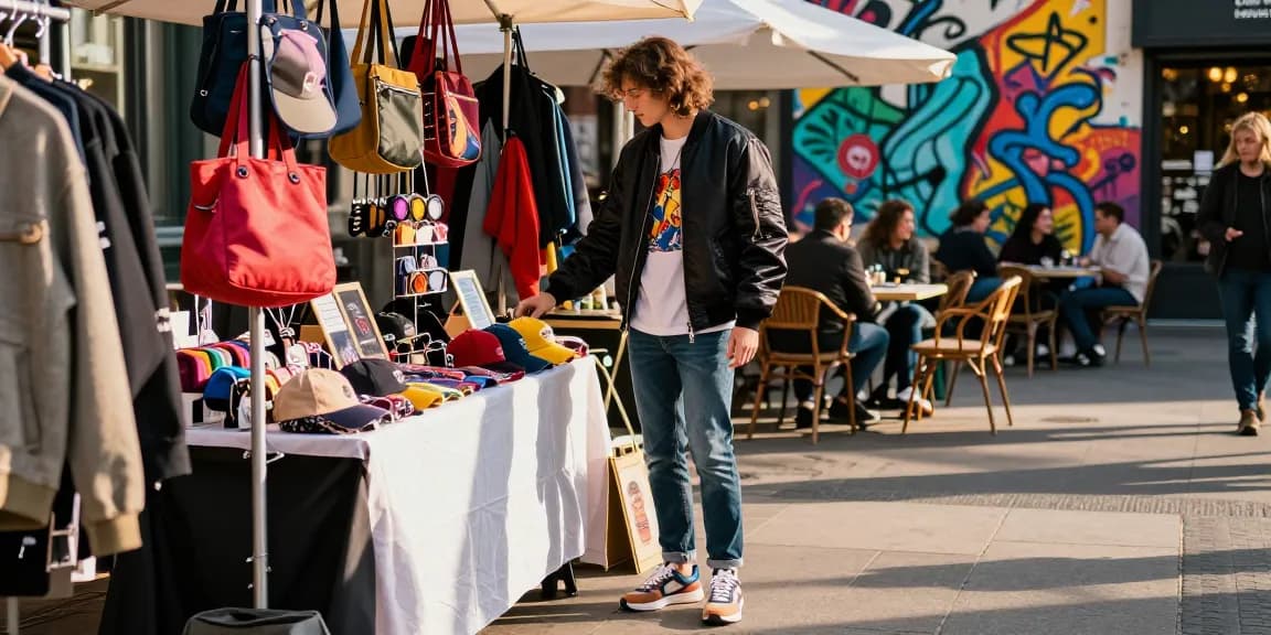 Engaging scene of a stylish individual exploring a 레플리카 쇼핑몰 in an urban market.