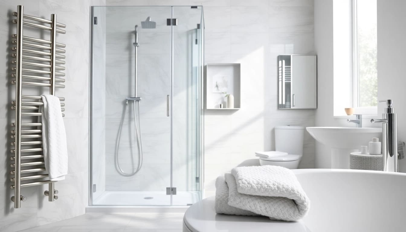 Erleben Sie die hochwertige Badezimmerausstattung von sonni sanitär GmbH mit modernem Duschbereich und eleganten Heizkörpern.