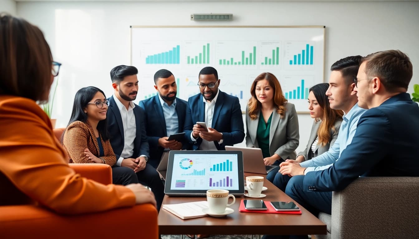 Engaged team performing a Bid-No-Bid Analysis in a modern office setting.