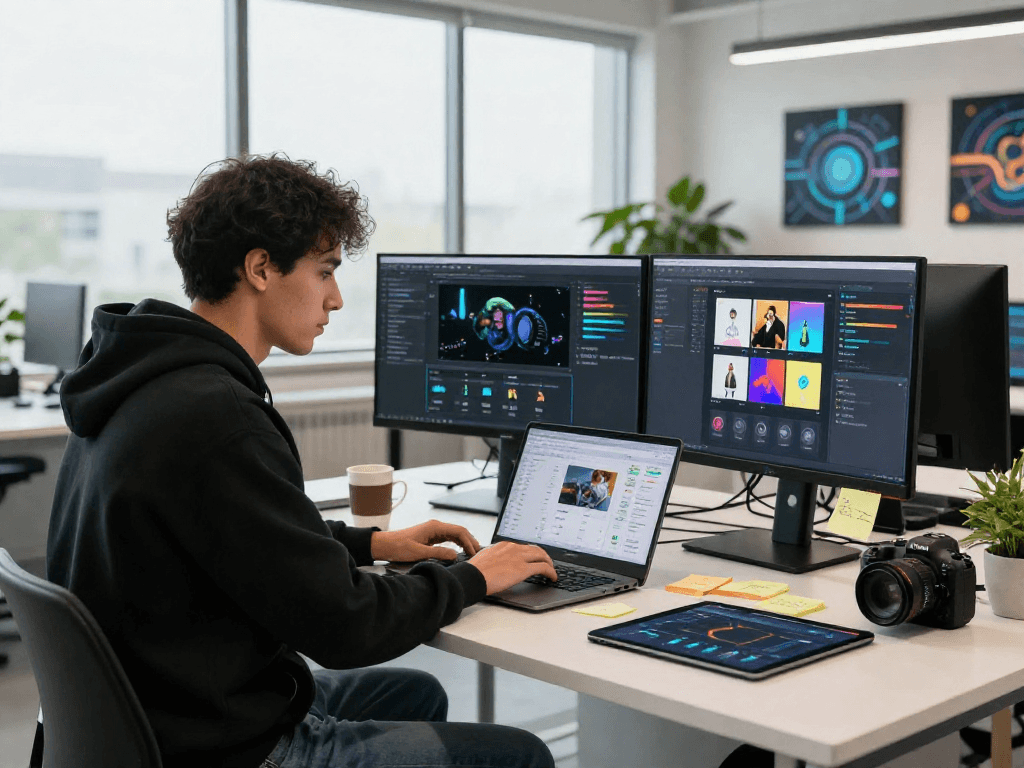AI image detector interface on dual monitors in a modern tech workspace with a focused engineer.