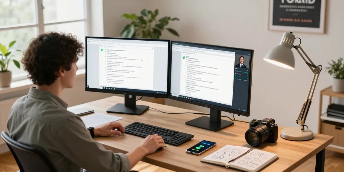 Engaged user using WhatsApp電腦版 in a modern home office setup with dual monitors and a cozy atmosphere.