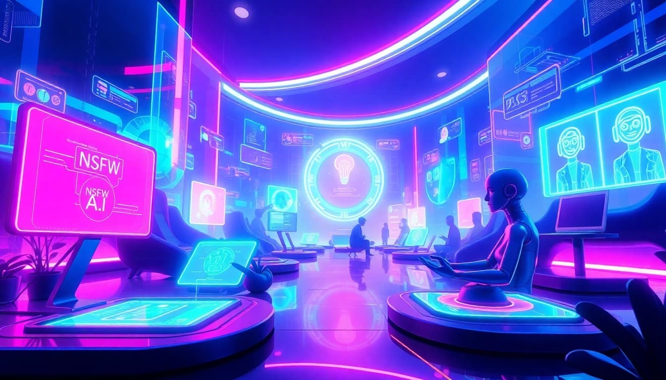 Vibrant digital landscape depicting NSFW AI interactions with glowing interfaces and character avatars.