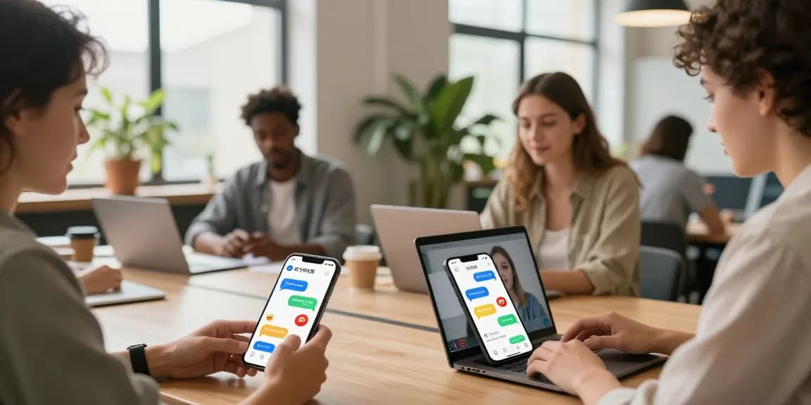 Users engaging in lively discussions through 纸飞机中文版 app in a modern coworking space, showcasing communication and collaboration.