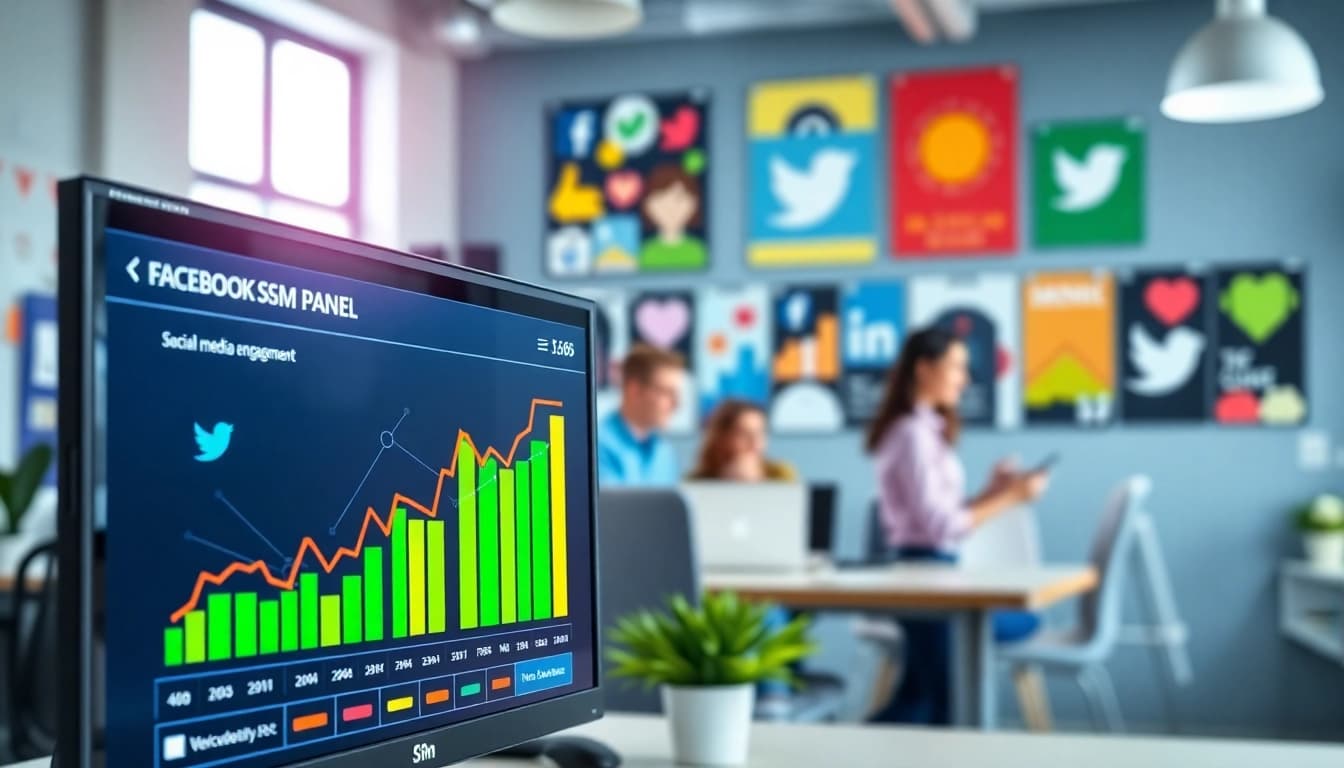 Showcase the features of a facebook smm panel in a dynamic marketing environment with metrics and collaboration.