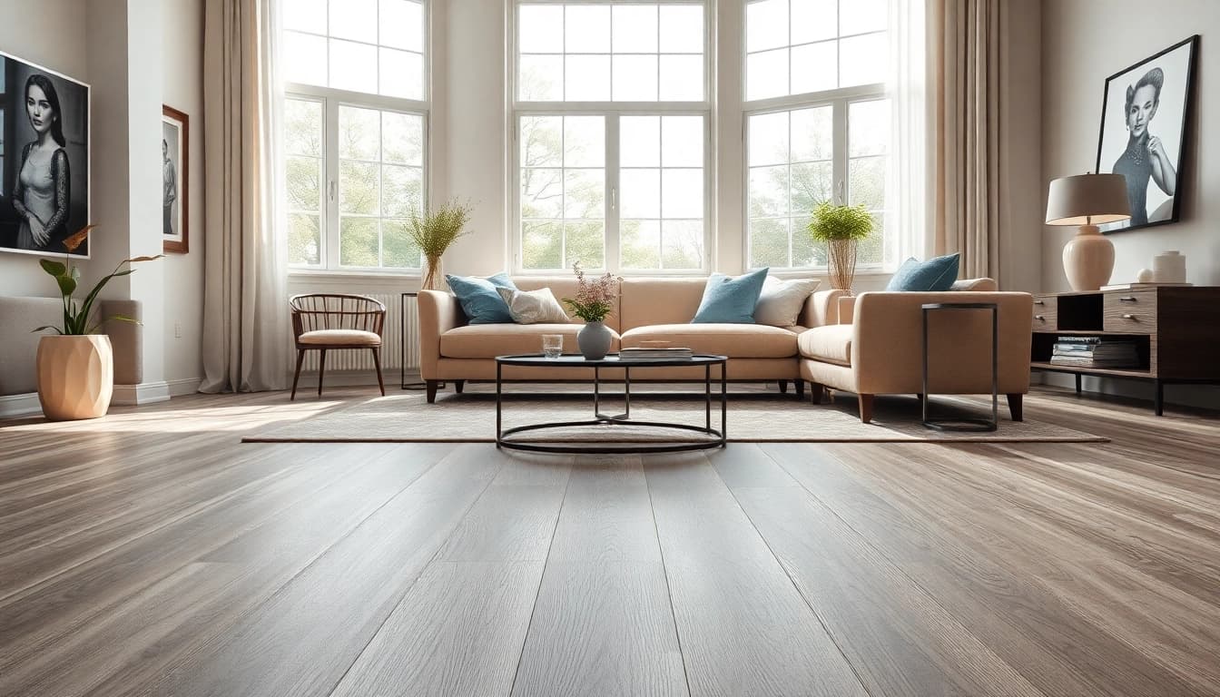 Experience luxury vinyl flooring that enhances a modern living space with elegant décor and natural lighting.