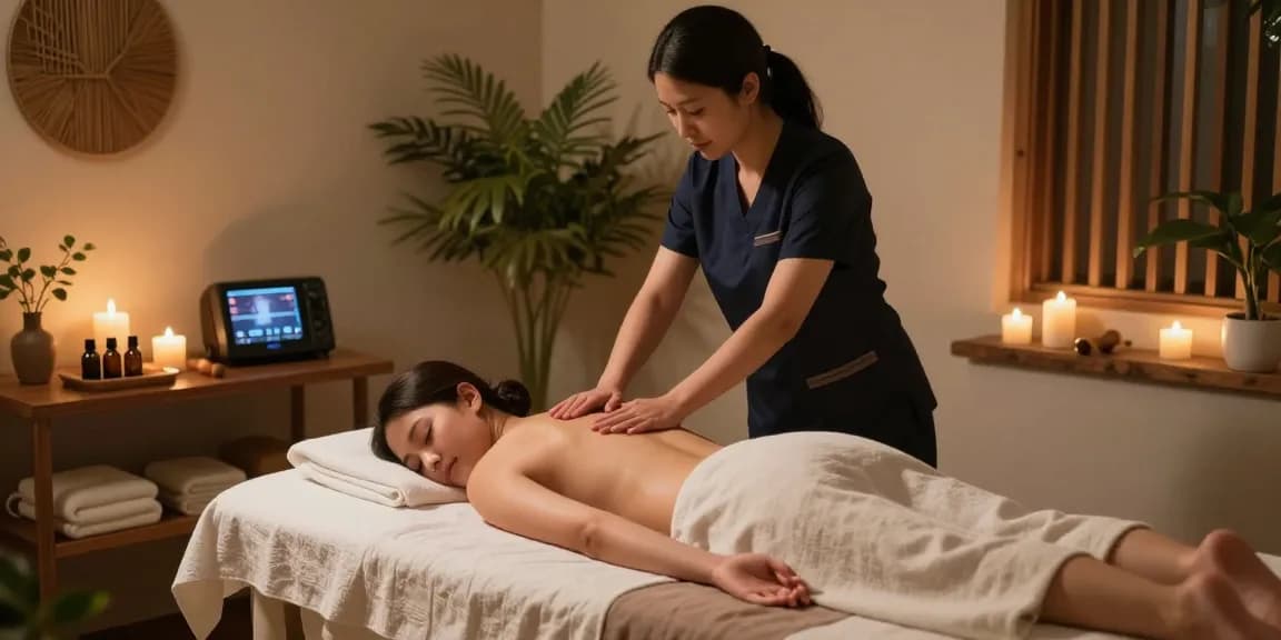 Massage therapist providing a relaxing 마사지 in a calming spa environment with soft lighting and natural decor.