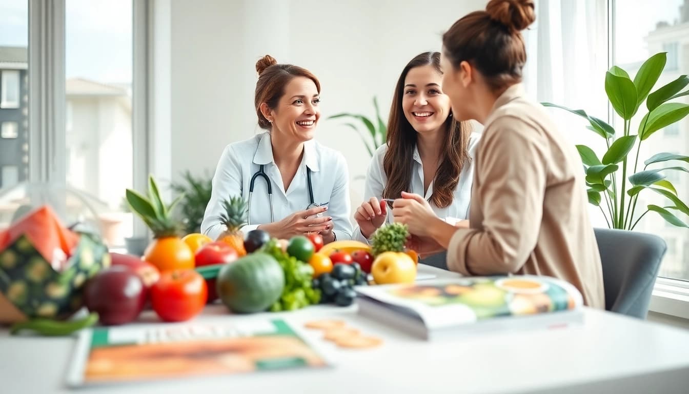 Encouraging interaction on health goals between a nutritionist and a client in a bright consultation space.