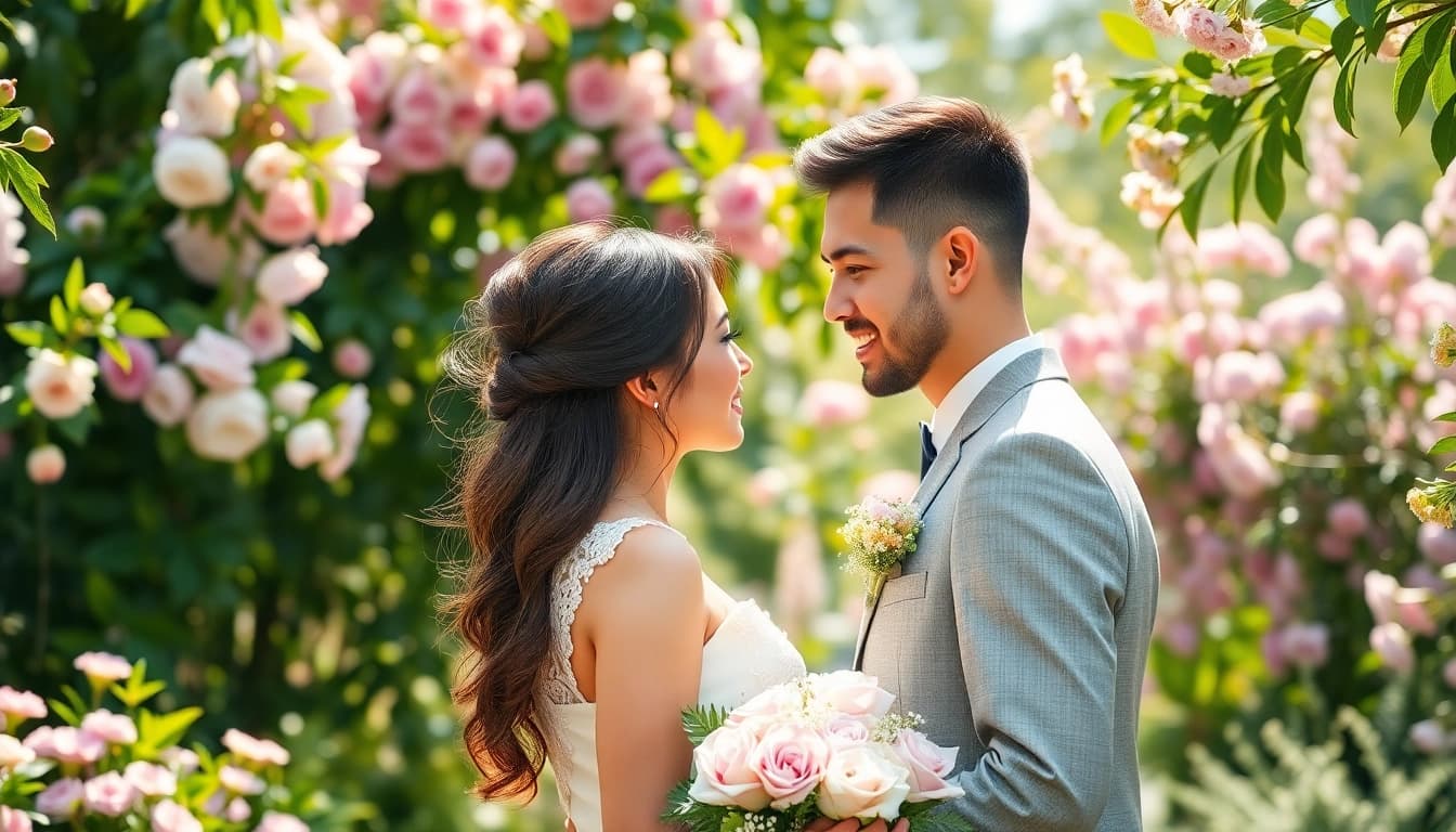 Beautiful wedding photography capturing an intimate moment between a couple in a floral garden.