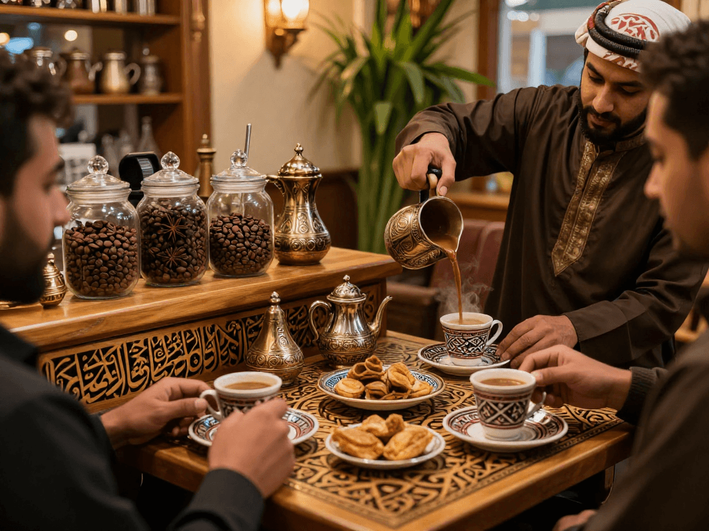 قهوجي يقدم قهوة عربية تقليدية في مقهى دافئ، أجواء جذابة وديكورات فاخرة.