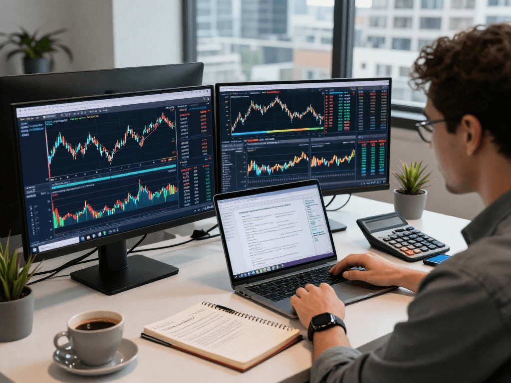 在MetaTrader 5平台分析交易的Forex交易者，桌面上显示多个金融图表，专业的交易环境。