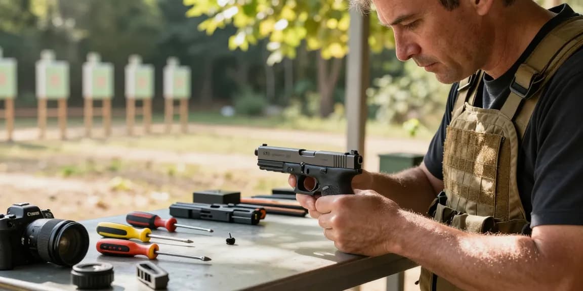 Customizing Glock slides at precisionglockslides.com in an outdoor shooting range with tools and targets