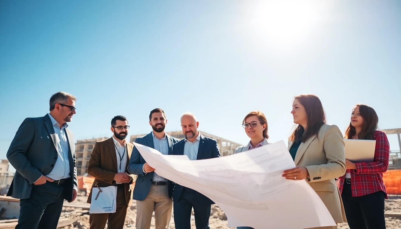 Real Estate Development team collaborating on a construction site plan for upcoming project.