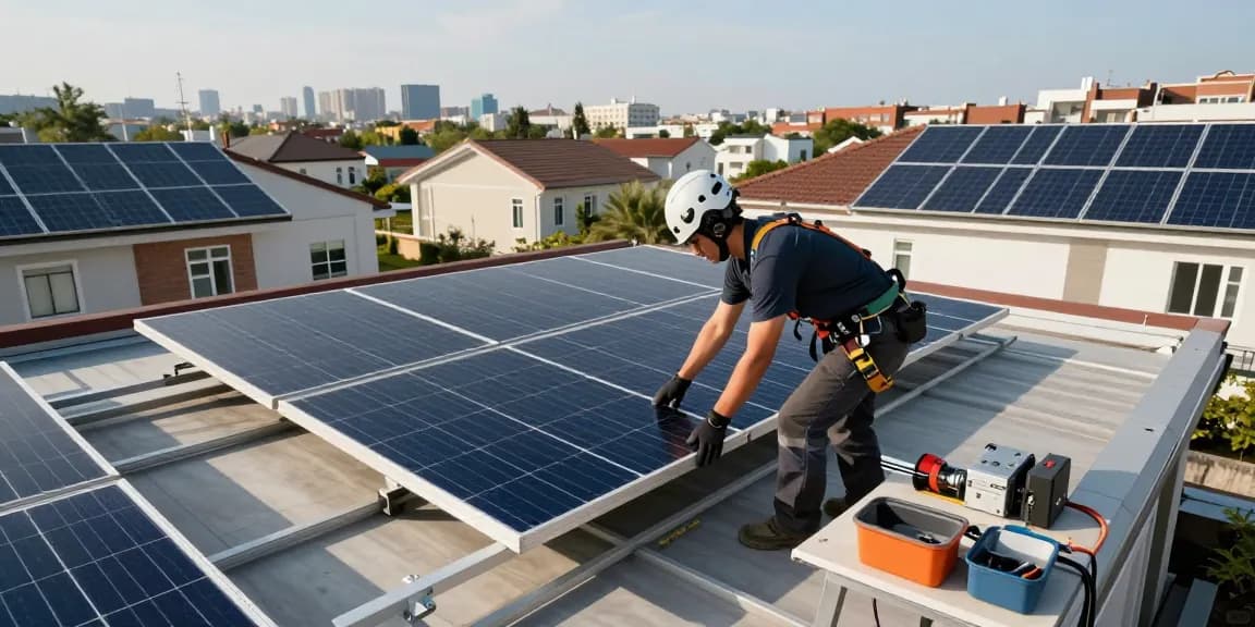 Expert solar panel installer working on a rooftop, showcasing high-efficiency panels and safety equipment in a bright urban setting.
