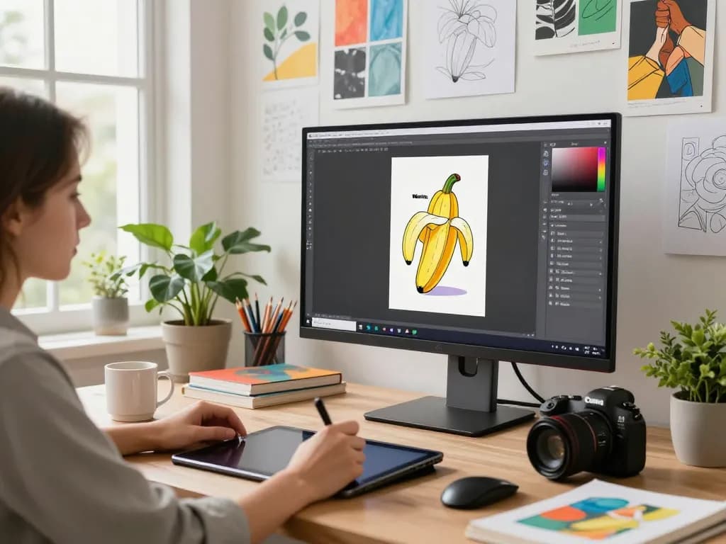 Designer using nano banana AI image editor with vibrant artwork and natural light.