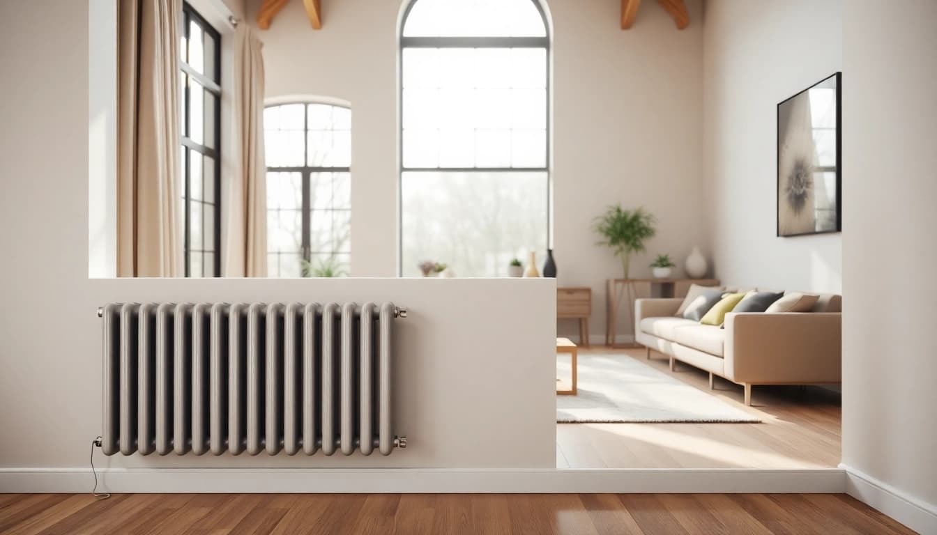 Heizkörper in modernem Wohnraum mit stilvollem Design und natürlichem Licht.