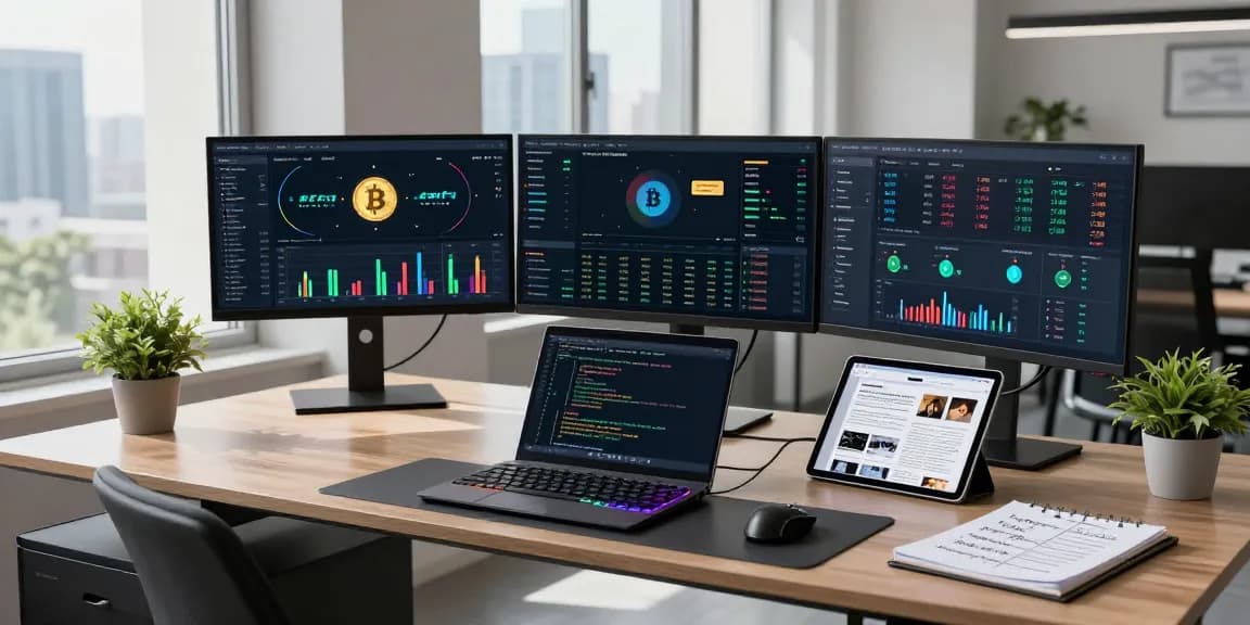 Bitcoin cloud mining dashboard in a modern workspace with professional crypto tools and analytics.