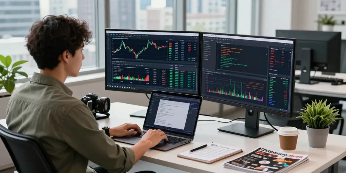 使用印度股票实时API的开发人员在现代办公室环境中监控实时市场数据，营造出高效和专业的氛围。