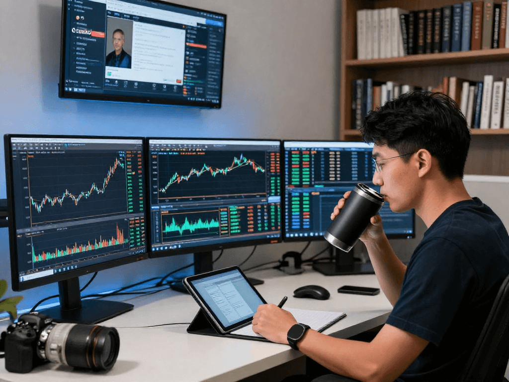 在交易工作室中，交易员使用TradingView分析股票、外汇和加密货币市场，实时数据展现了市场动态。