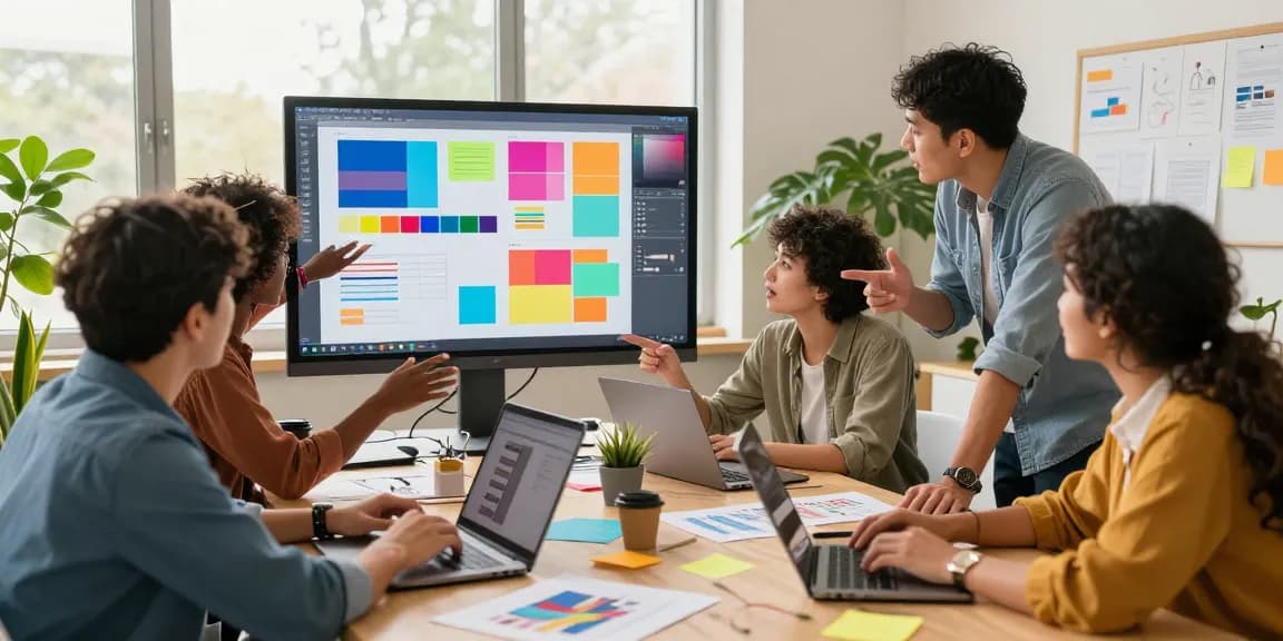 Diverse team using a mixboard for real-time brainstorming on a digital canvas in a creative workspace.