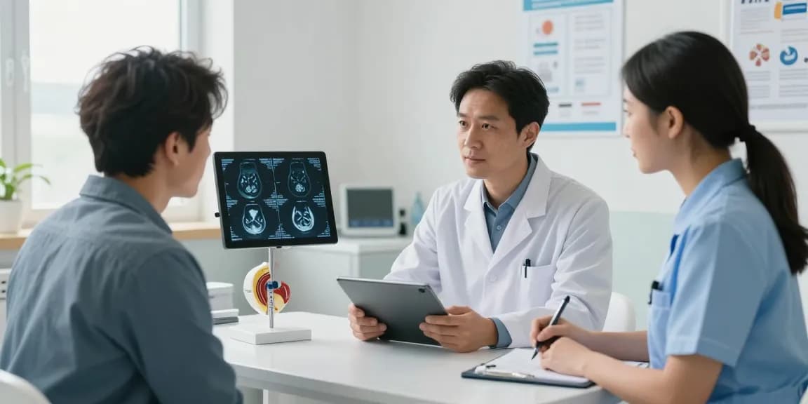 Patient discussing bel fıtığı ameliyatı with orthopedic surgeon in a medical consultation.