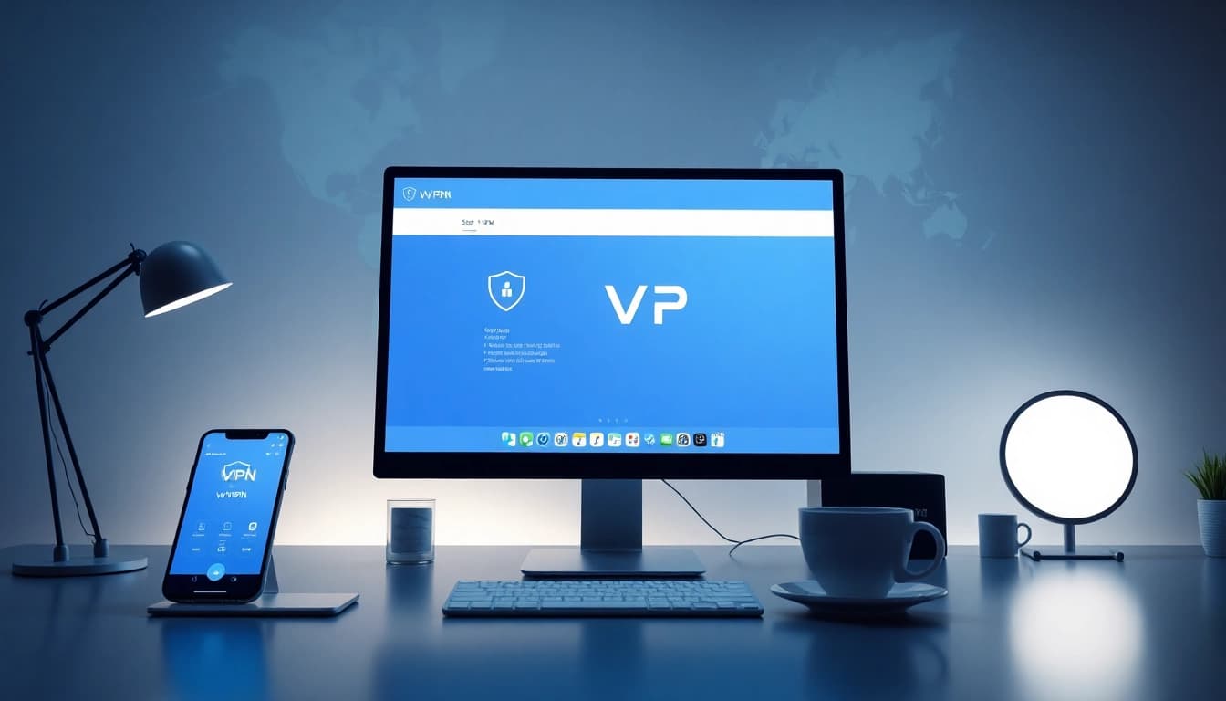 快连VPN界面显示在一块时尚的计算机屏幕上，展示现代工作区设计与全球互联。