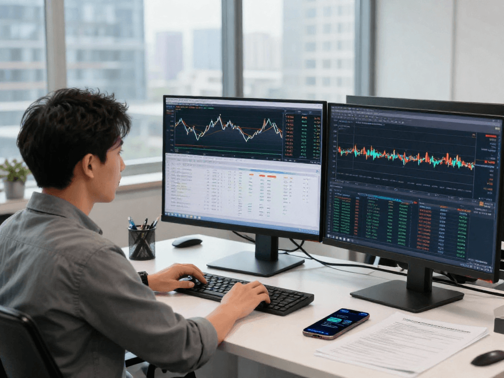 在TradingView官网研究市场趋势和技术分析的交易者，展示专业工具和市场信息。
