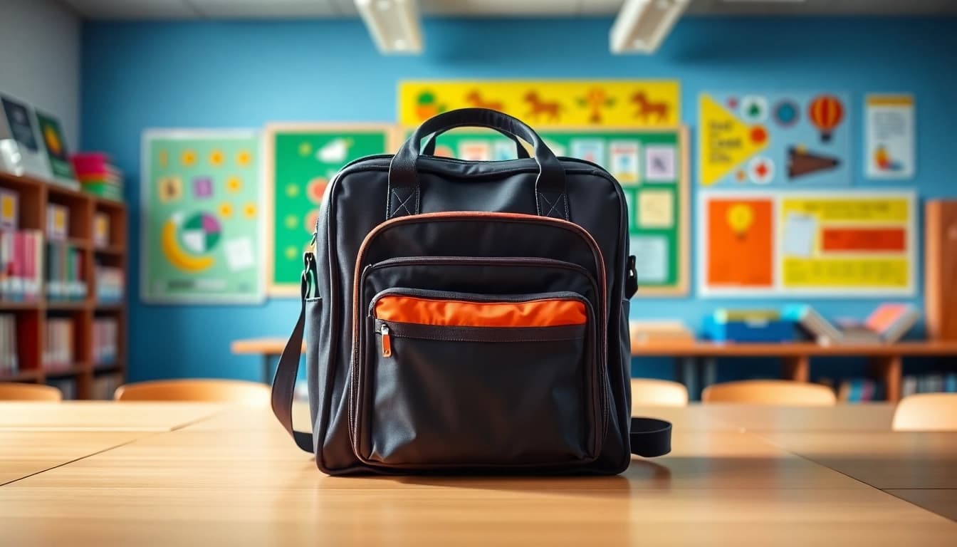 Handtasche für Schulen auf einem Tisch in einem farbenfrohen Klassenzimmer arrangiert.