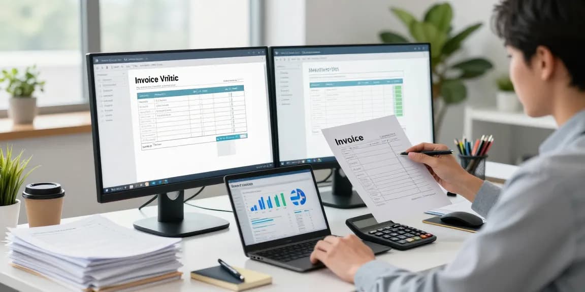 Detect fake invoice in a modern office with accountant analyzing documents for authenticity.