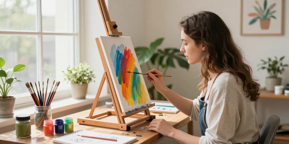 Engaged adult creating a paint by number for adults masterpiece in a bright studio