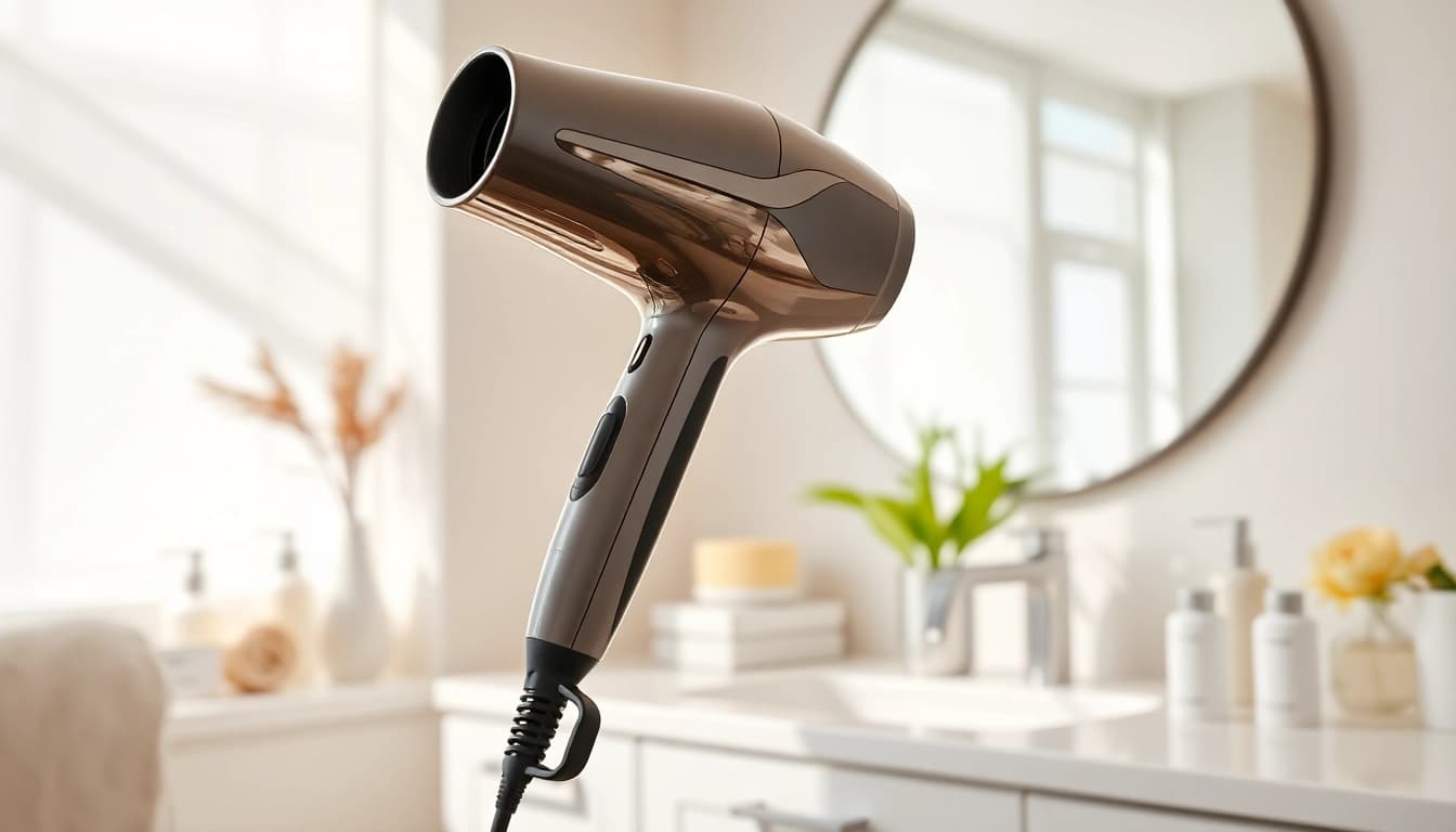 Stylish hair dryer for fine hair showcased in a modern bathroom environment.
