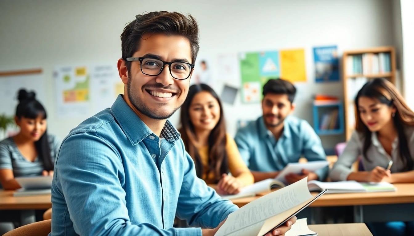 Tutor offering toefl expert help in an interactive classroom setting with diverse students.
