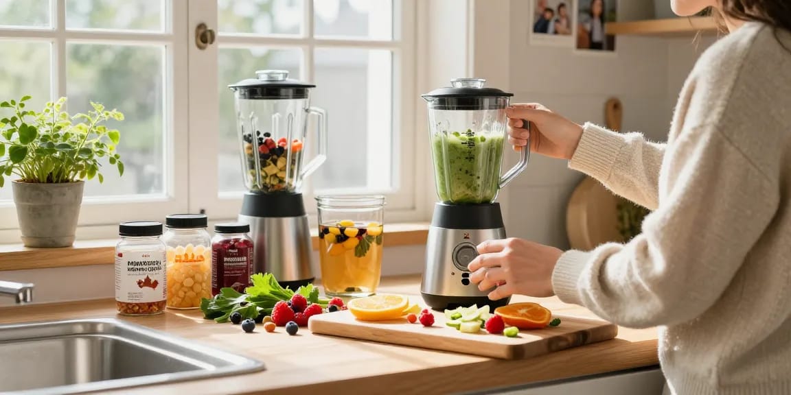 Preparing made in Canada supplements in a bright kitchen with fresh ingredients.