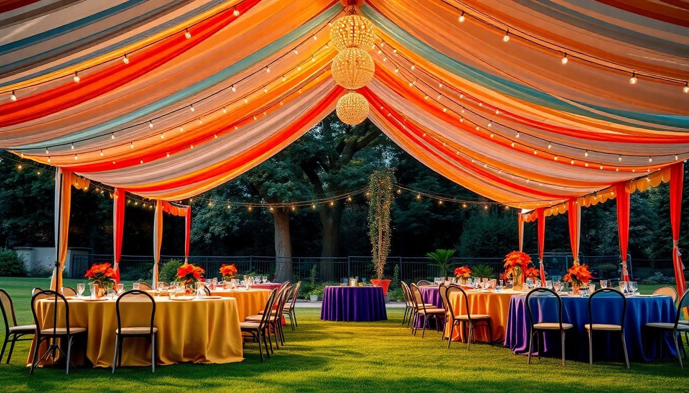 Celebrate events with Party Tent Rentals featuring a vibrant garden setup and vibrant decorations.
