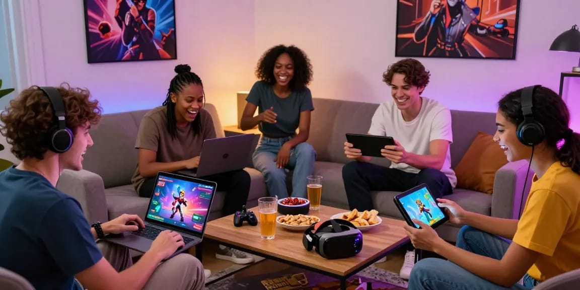 Engaged players enjoying free porn games on multiple devices in a cozy setting.