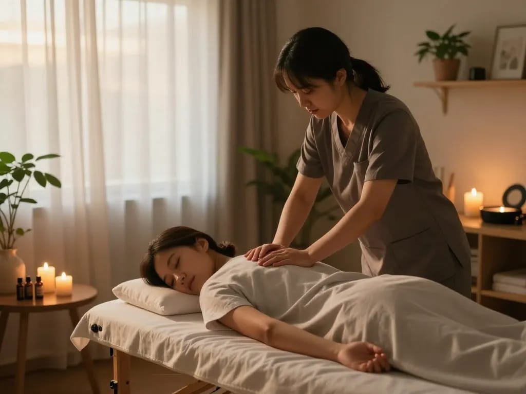 전문 치료사가 케어를 제공하는 가정 웰니스 시연을 보여주는 편안한 경기출장안마 세션.