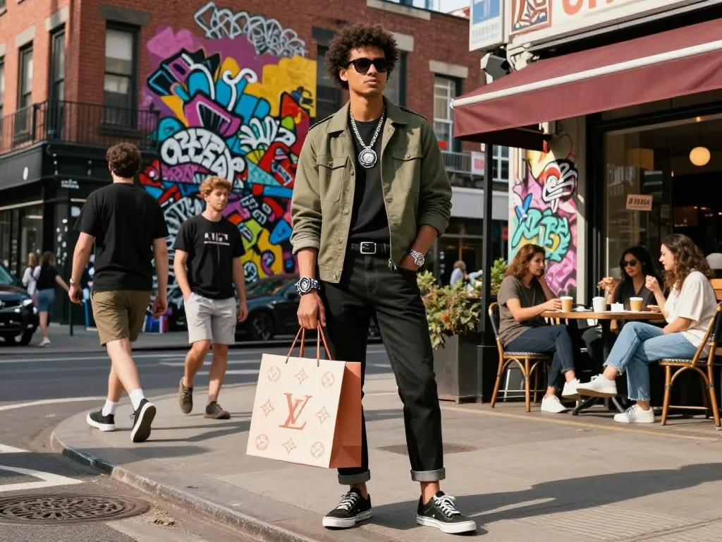 Stylish individual showcasing 시계 레플리카 while enjoying urban lifestyle in a vibrant city setting.