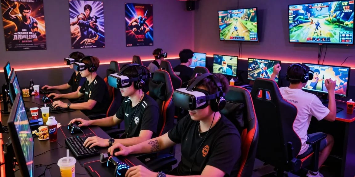 Exciting gaming session with rokok88 players at a vibrant gaming lounge.
