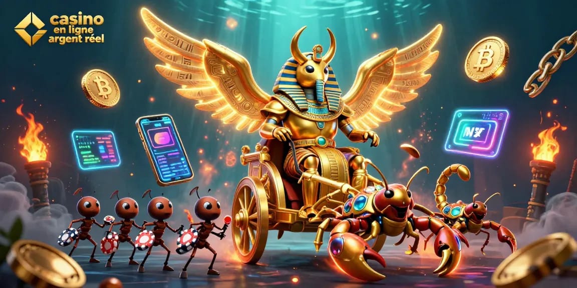 Profitez du casino en ligne argent réel avec le scarabée doré et des scorpions en 3D.