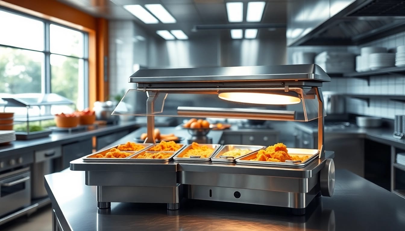 Food warmer in a professional kitchen keeping dishes at optimal serving temperature.