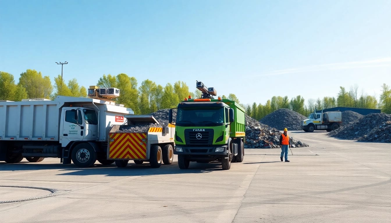 Workers managing cold lake landfill with organized waste piles and clean surroundings.