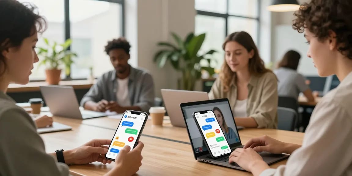 Users engaging in lively discussions through 纸飞机中文版 app in a modern coworking space, showcasing communication and collaboration.