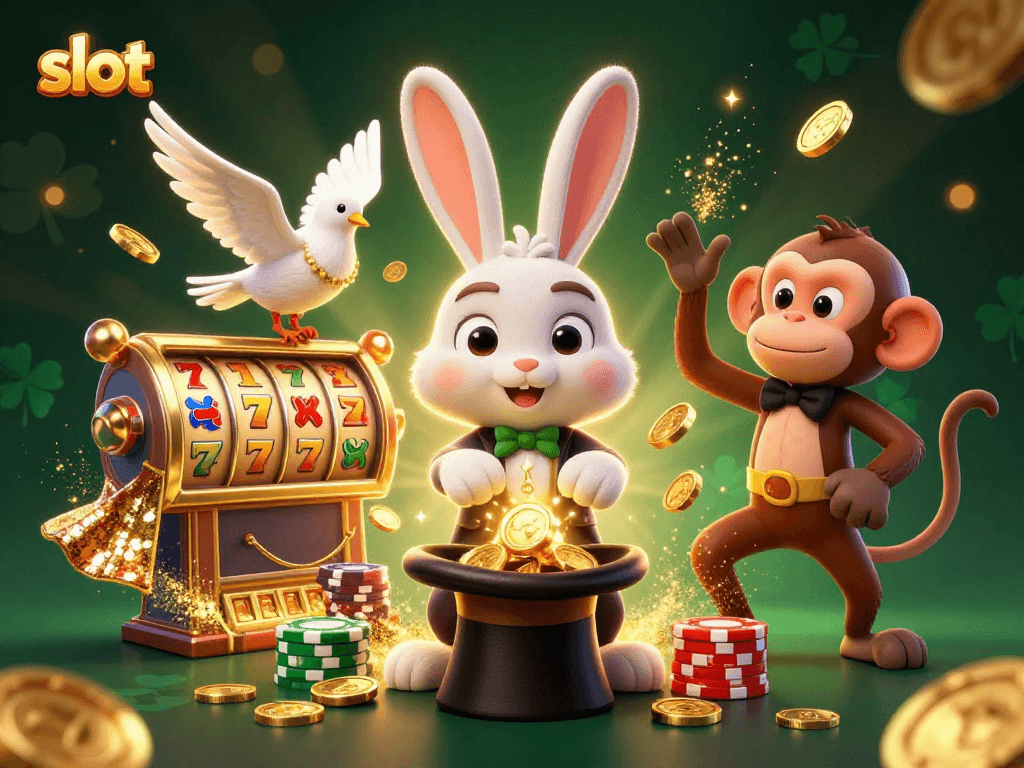 Spin the slot and win! Magician rabbit, dove, and monkey create a thrilling casino scene.