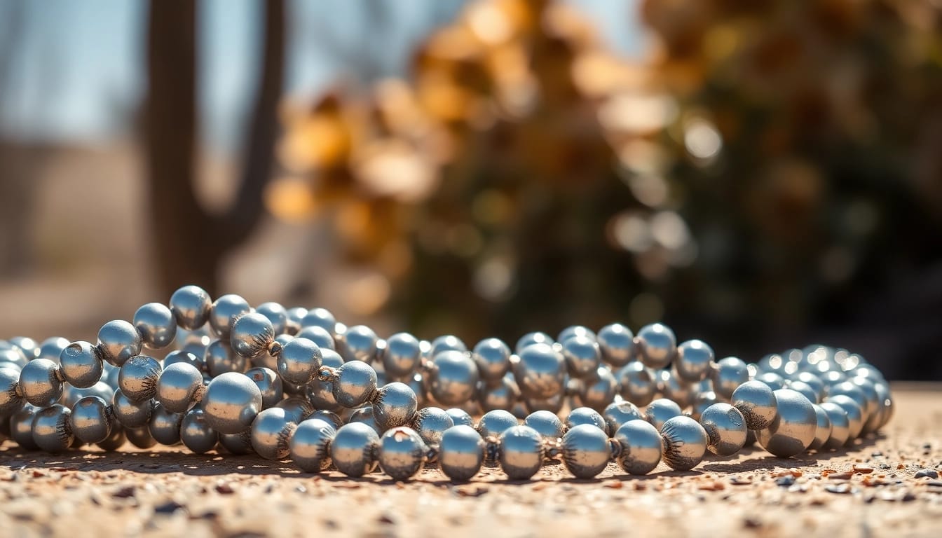 Showcasing exquisite Navajo Pearls Canada in an elegant outdoor display with rich textures and sunlight.
