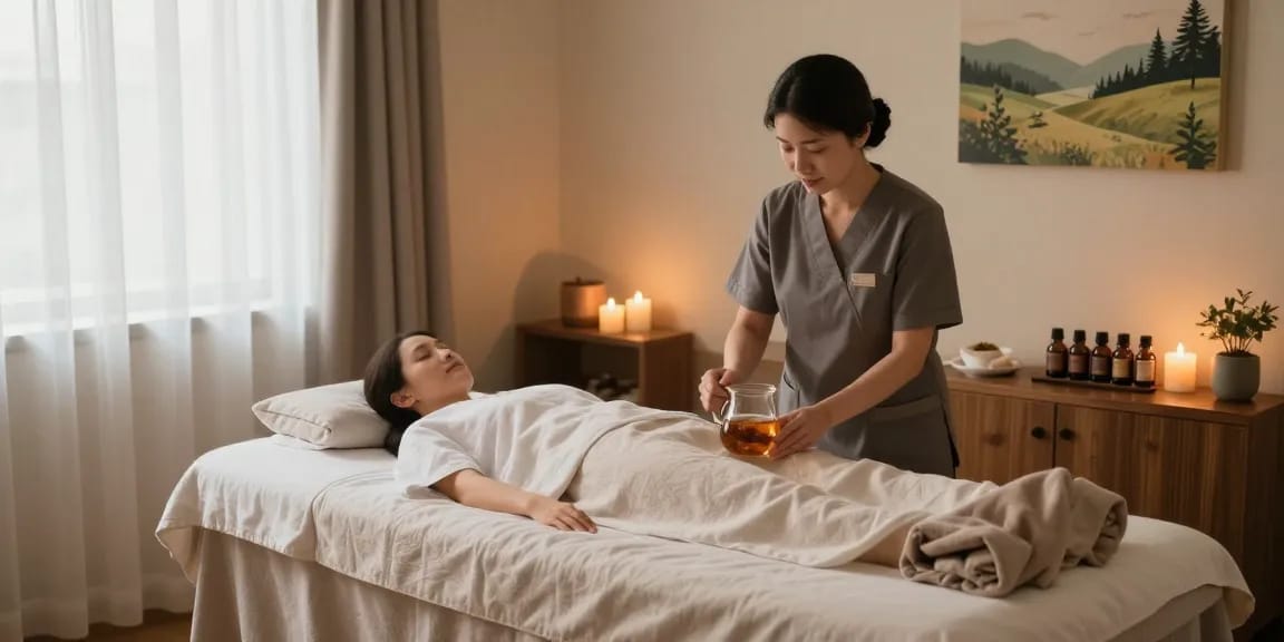 Relaxing 1인샵 massage therapy room with calming decor and aromatherapy.