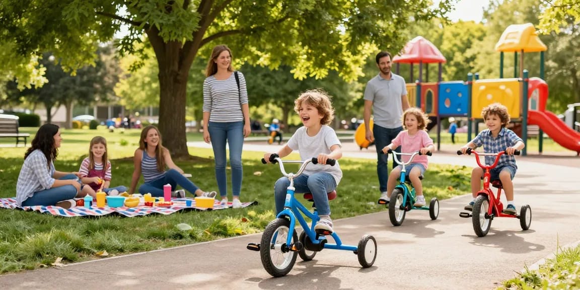 Kids riding the best kids tricycles in a joyful park setting