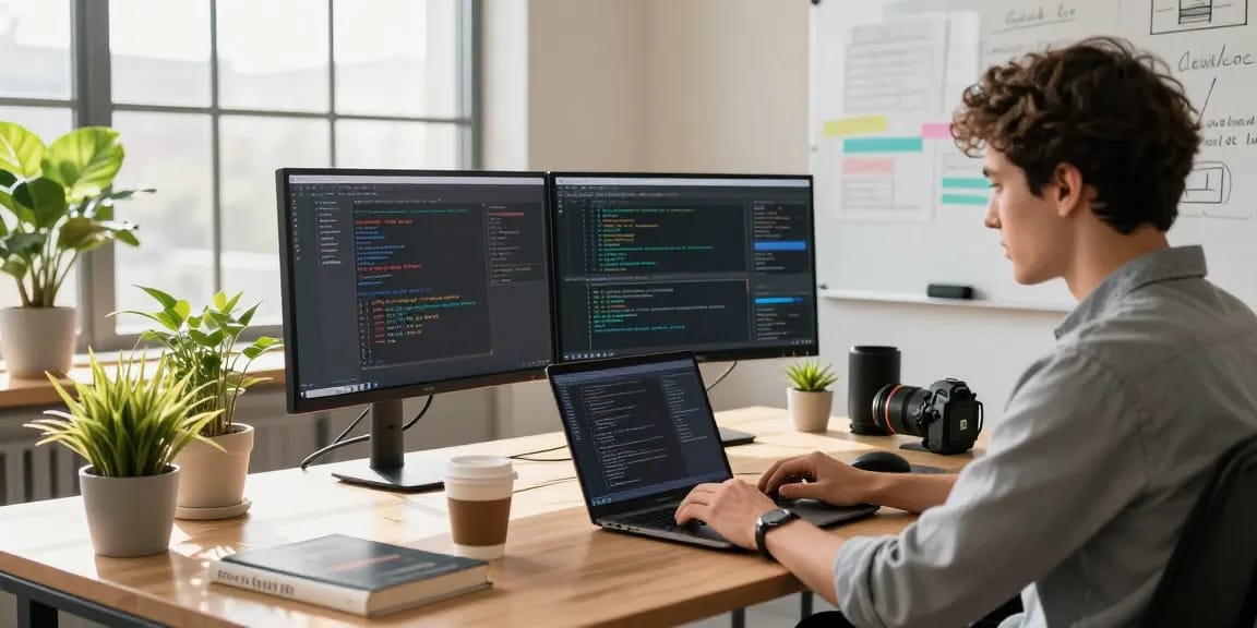 Focused developer coding Telegram中文版下载 on dual monitors in a modern office.