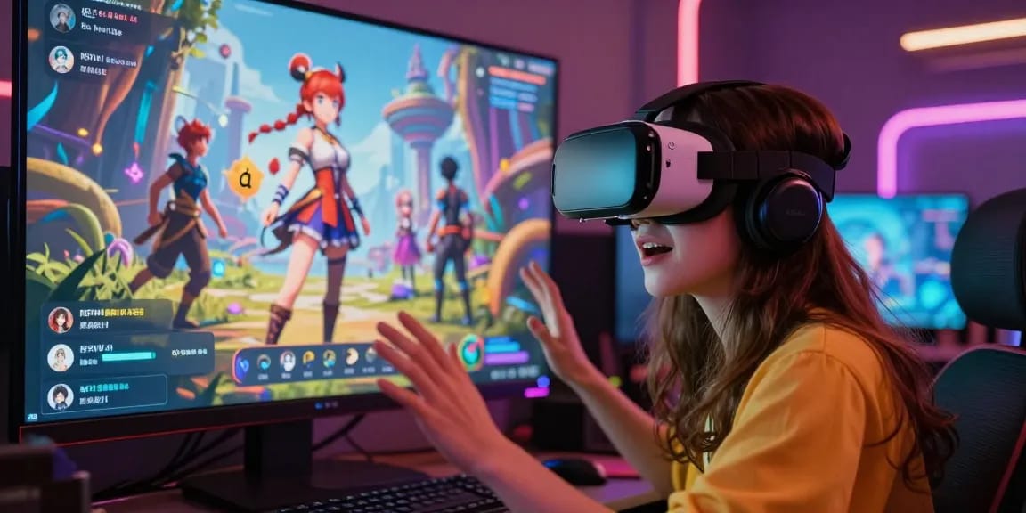 Young woman enjoying engaging character AI NSFW virtual reality chat in vibrant digital landscape.